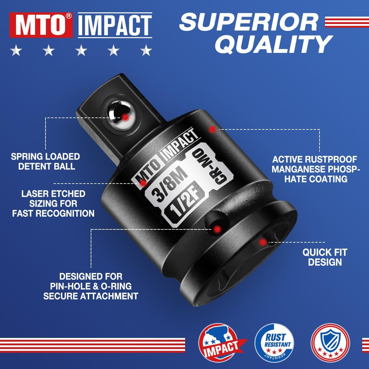 MTO 2-Piece Impact Socket Adapter and Reducer Set, 1/2" Female to 3/8" Male Reducer, 3/8” Female to 1/2” Male Adapter, Chrome Molybdenum Alloy Steel