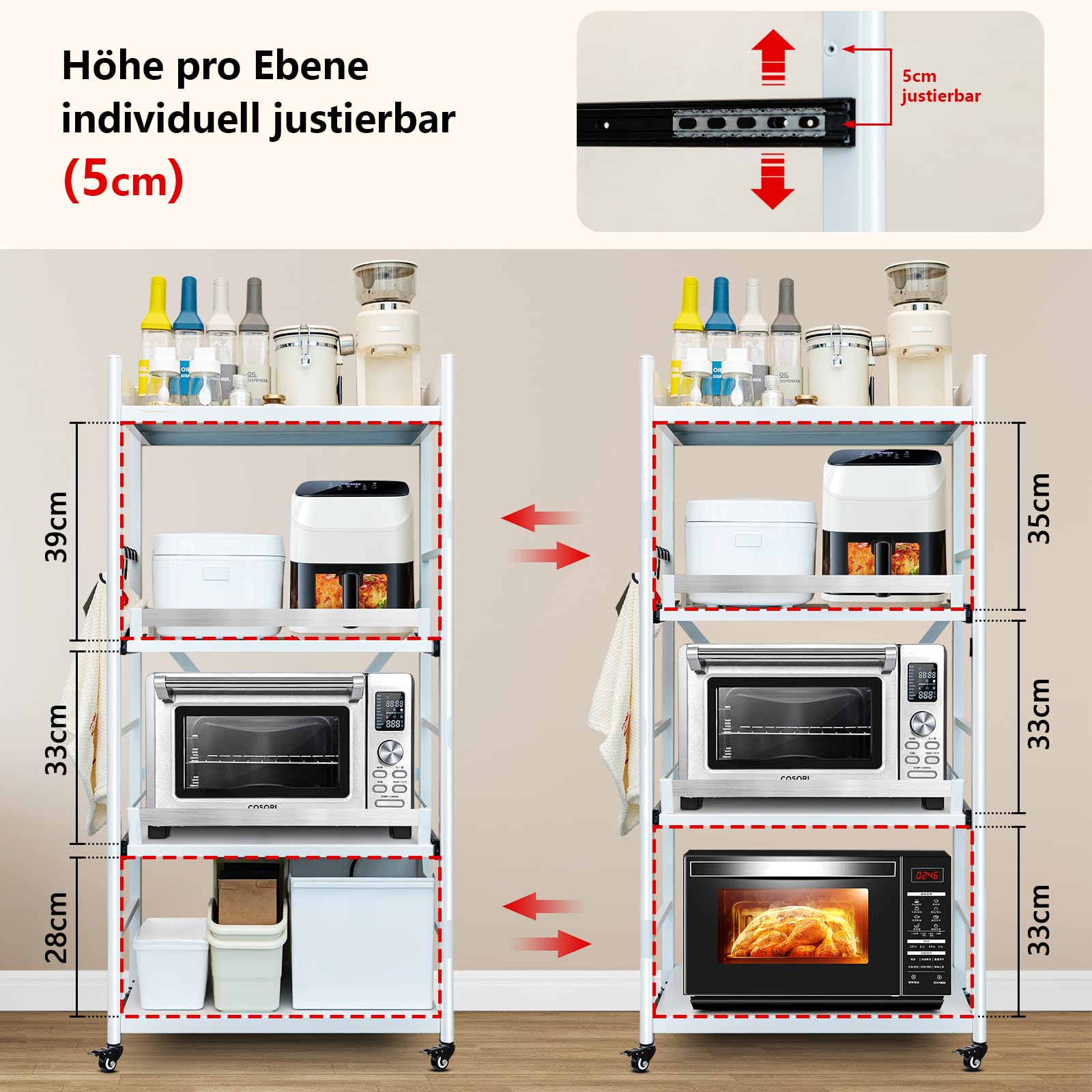 Étagère de cuisine à 4 niveaux en acier au carbone, capacité de 200 kg, étagère de rangement autonome avec plan de travail, organiseur sans perçage pour cuisine, salon, salle de bain, 80 cm de large