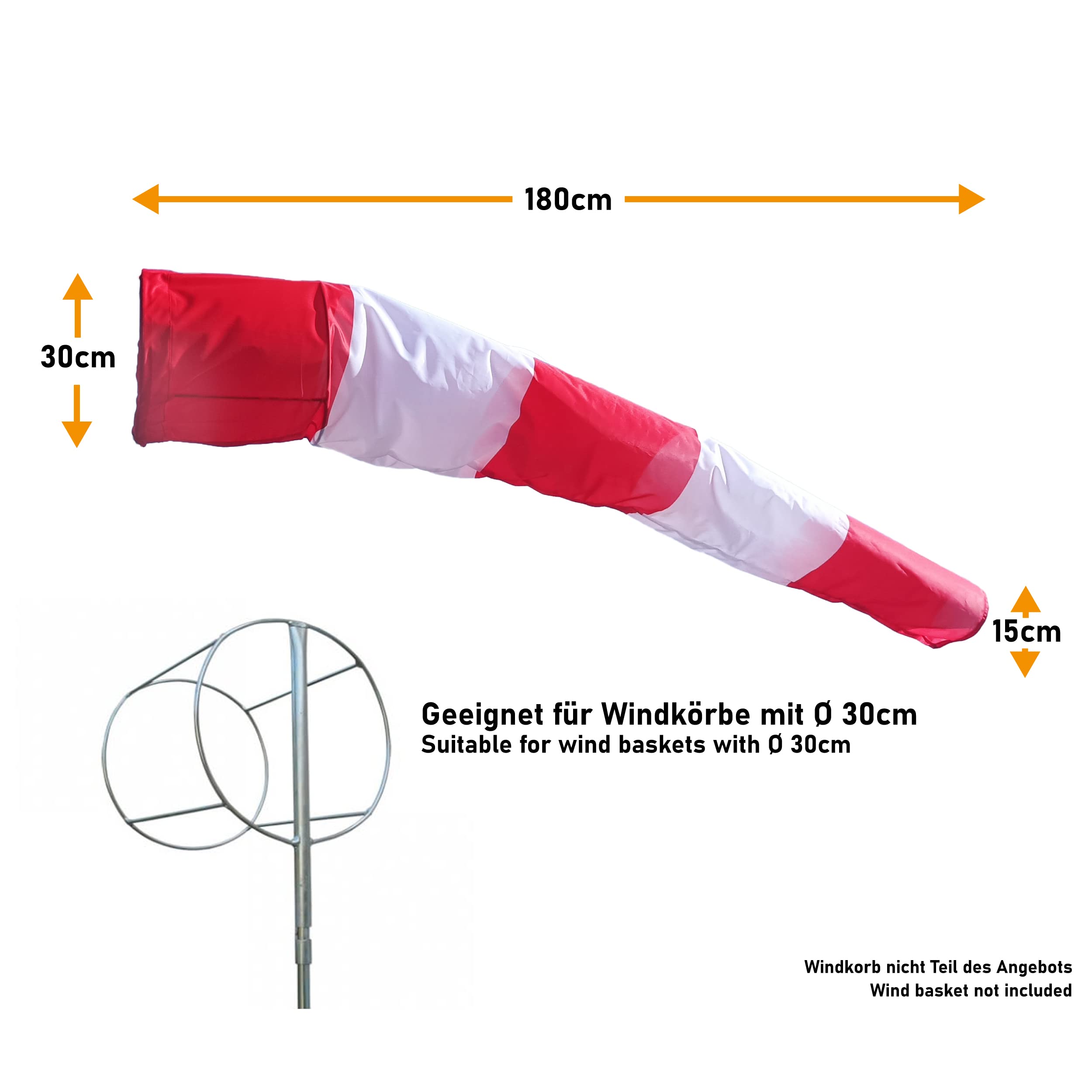 Premium Windsack für Draußen, Windrichtungsanzeiger in Rot-Weiß 180x30x15cm für Windsackkorb mit 30cm Durchmesser, Windanzeiger Made in Germany, Windhose Garten, Wetterfahne
