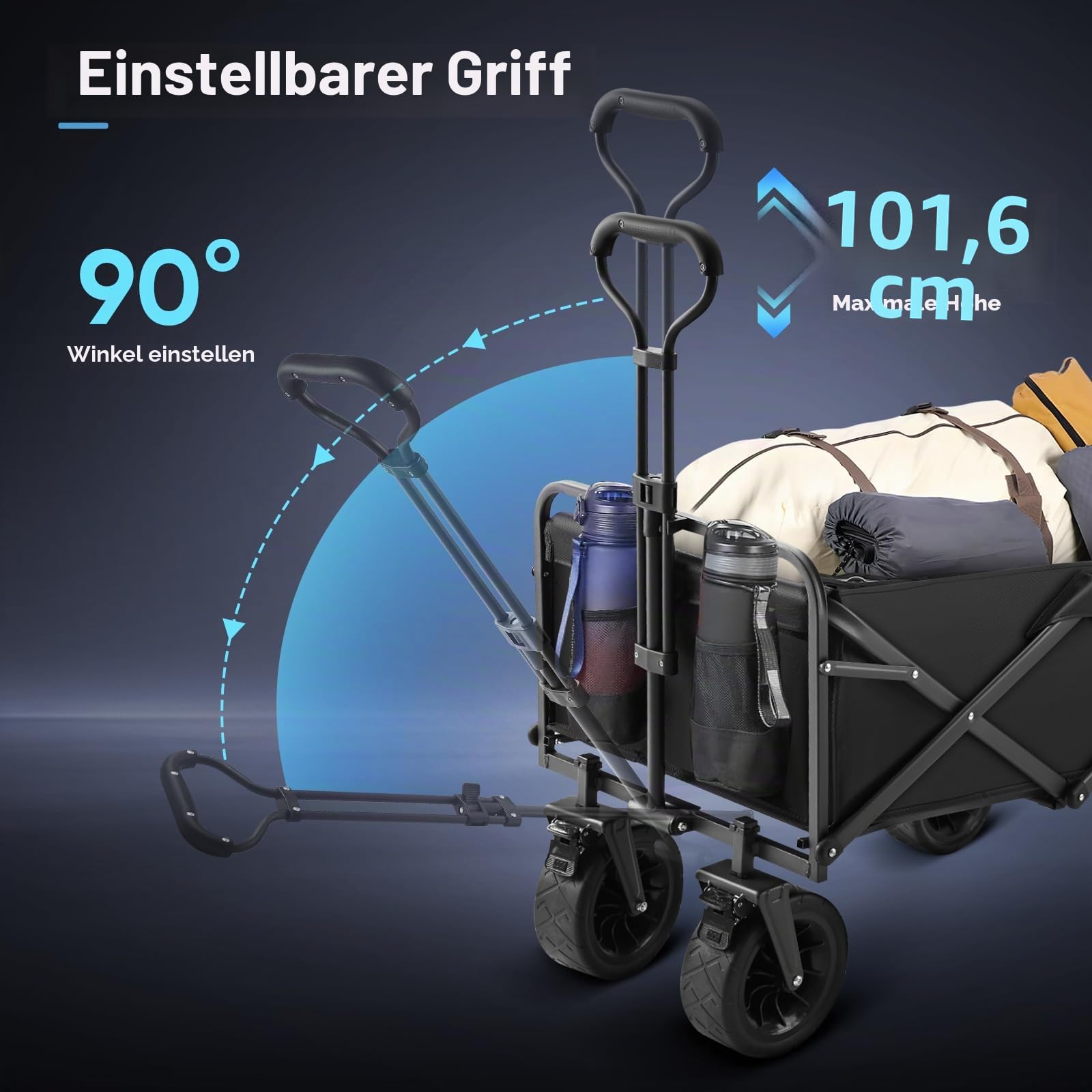 Bollerwagen faltbar Handwagen mit Getränkehalter 100L 100KG Transportwagen Gartenwagen Strandwagen für Alle Gelände Draussen Einkaufen für Geländetauglich mit Bremsen