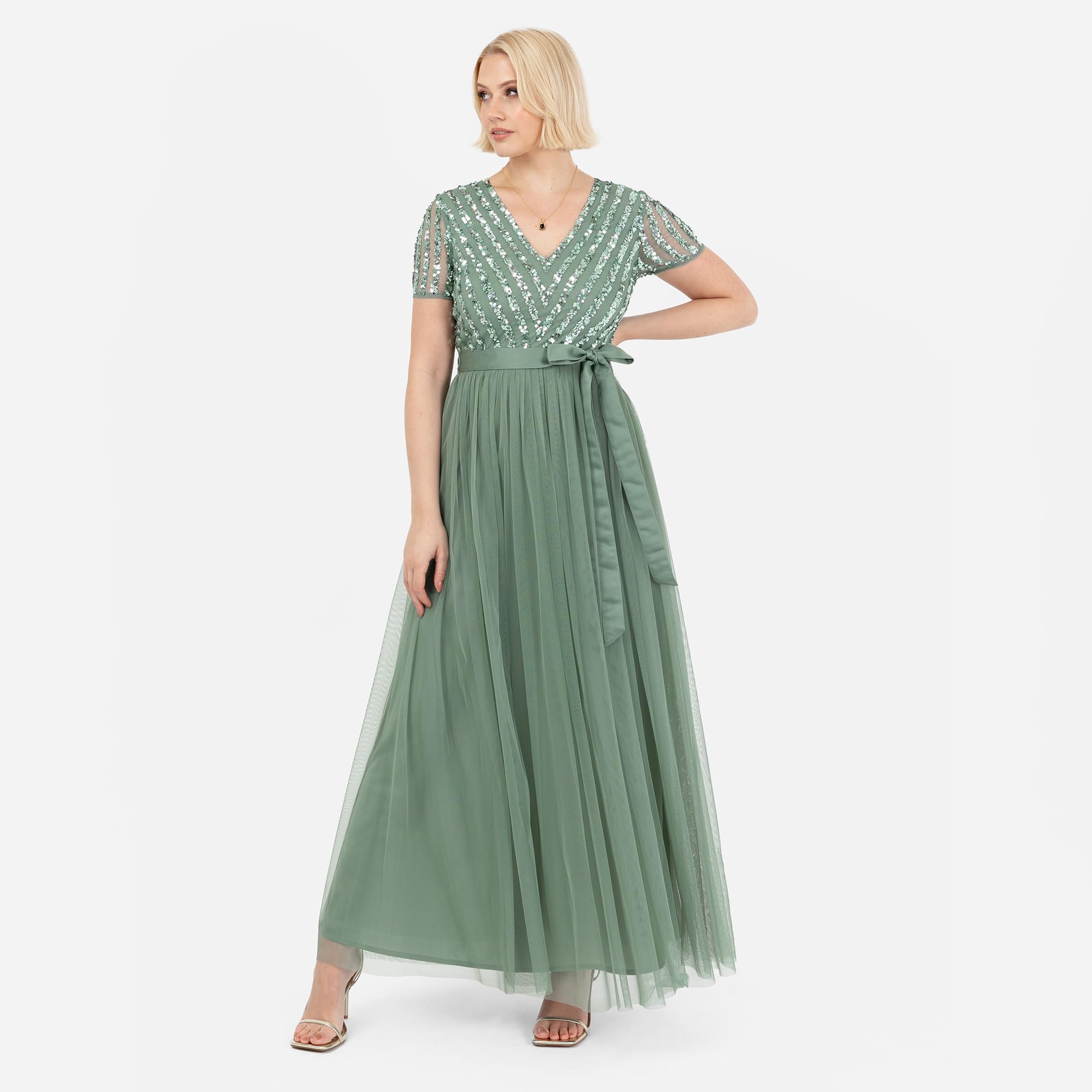 Maya Deluxe Damen Maya Deluxe Maxi Dress for Women Ladies Bridesmaid V-Neck Ball Gown Short Sleeves Long Elegant Empire Waist Wedding Brautjungfernkleid (1er Pack)
