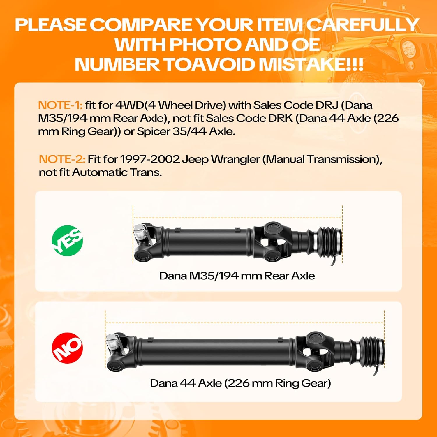 Rear Drive Shaft Assembly Fit for 1997-2002 Jeep Wrangler [Manual trans], for Jeep Wrangler 2003-2006 [4WD, L6 4.0L], Replaces 52098784AC (w/Sales Code DRJ Dana M35/194 mm Rear Axle)