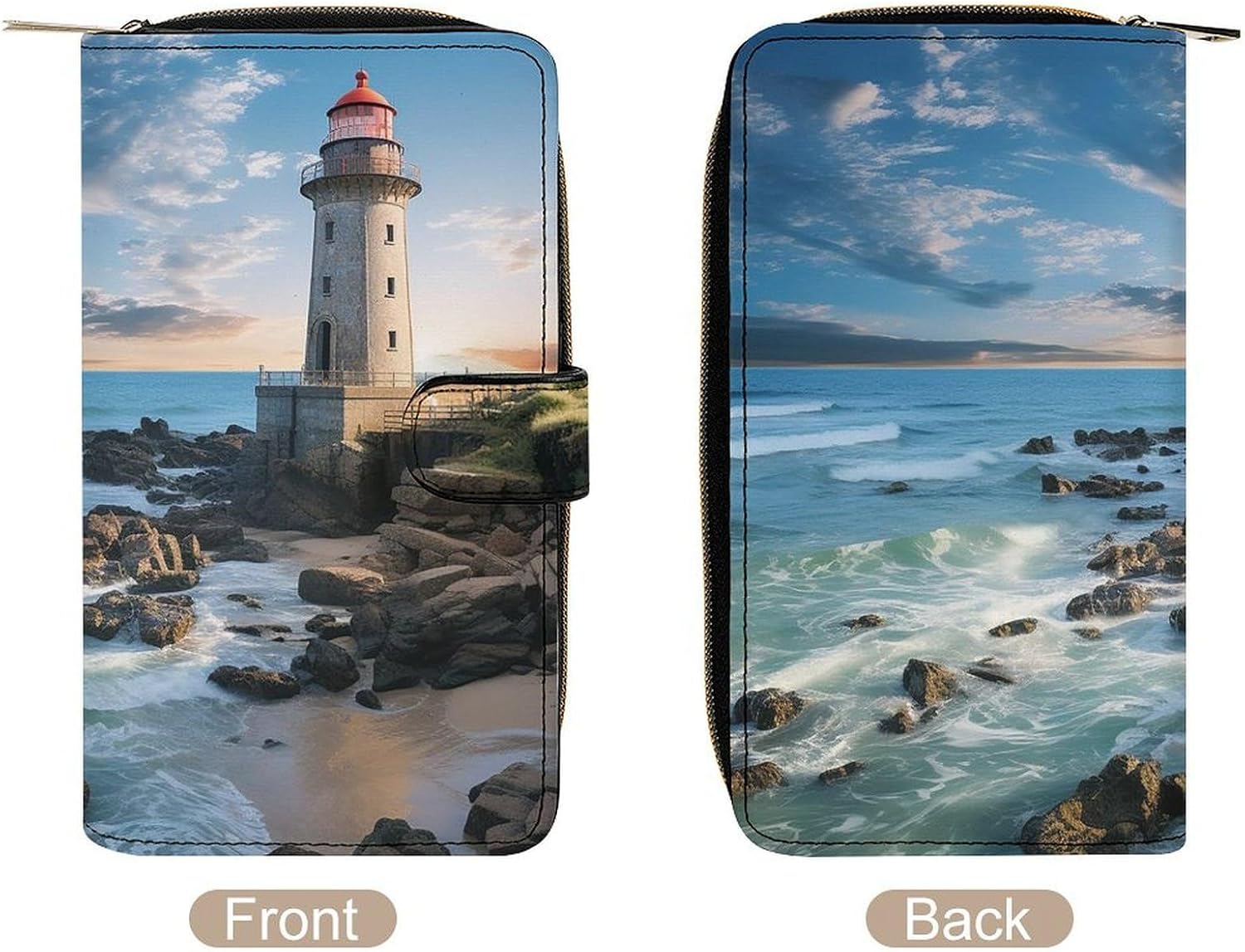 Wristlet Wallets for Women, Beach Lighthouse Printed Ladies PU Vegan Leather Clutch Wallet Zip Around Phone Purse Card Holder Organizer,Work & Daily Use