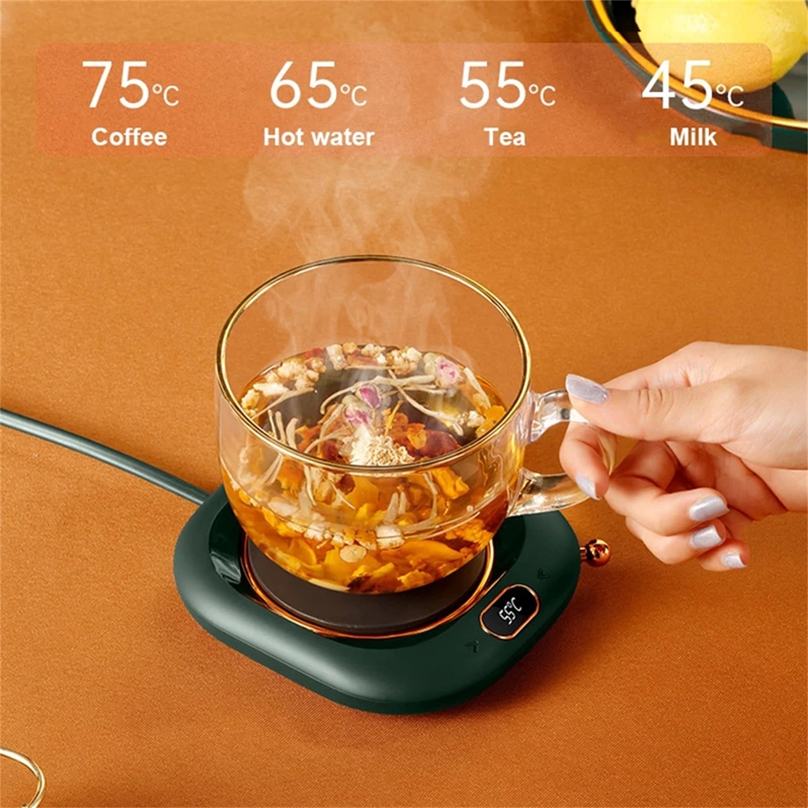 Calentador de Tazas de Café, Calentador Eléctrico de Bebidas para el Hogar y la Oficina, 4 Configuraciones de Temperatura, Posavasos Calefactor para Regalo, Café, Té, Cacao