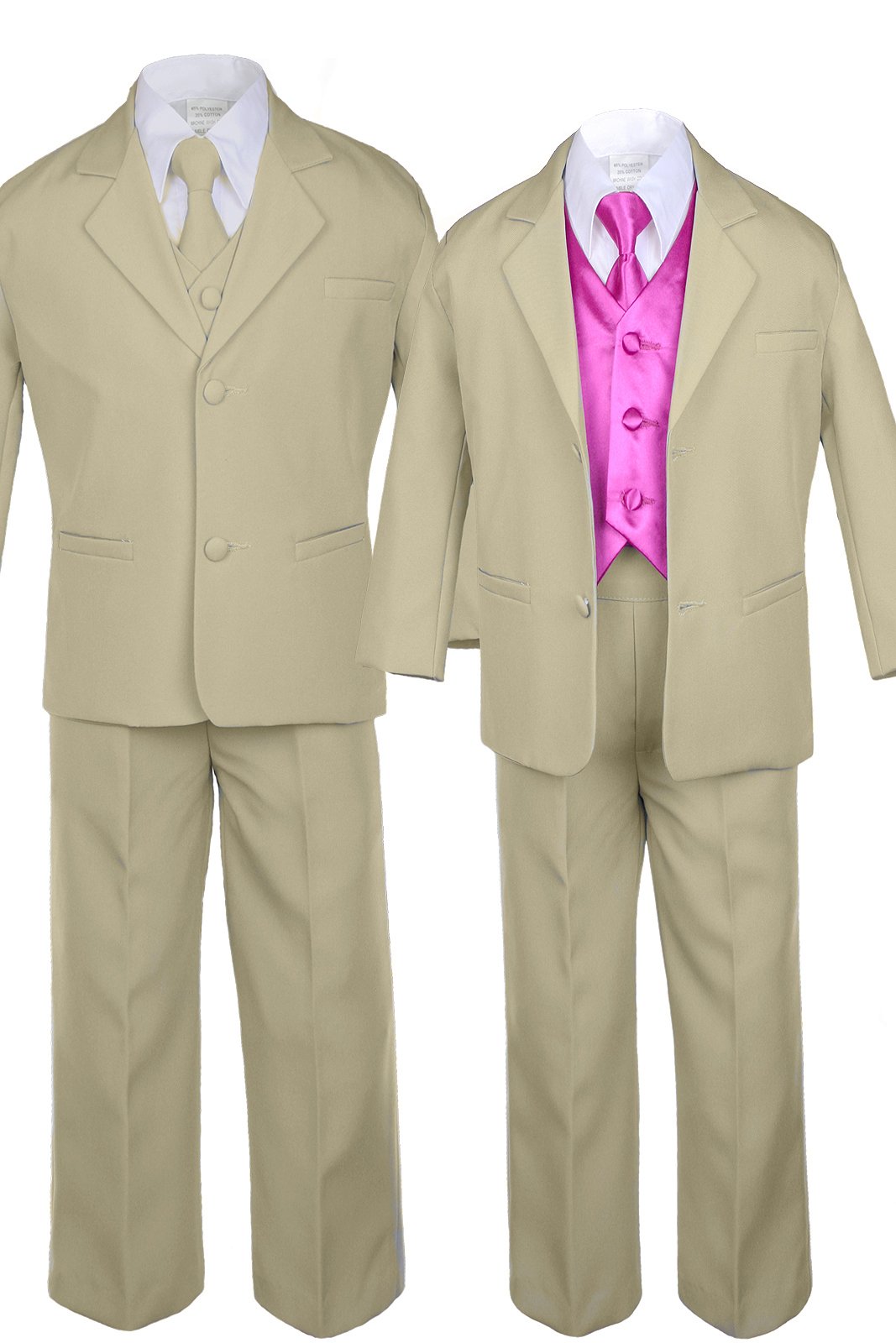 7pc Boys Khaki Suit with Satin Fuchsia Pink Vest Set Necktie Baby to Teen (XL:(18-24 months))