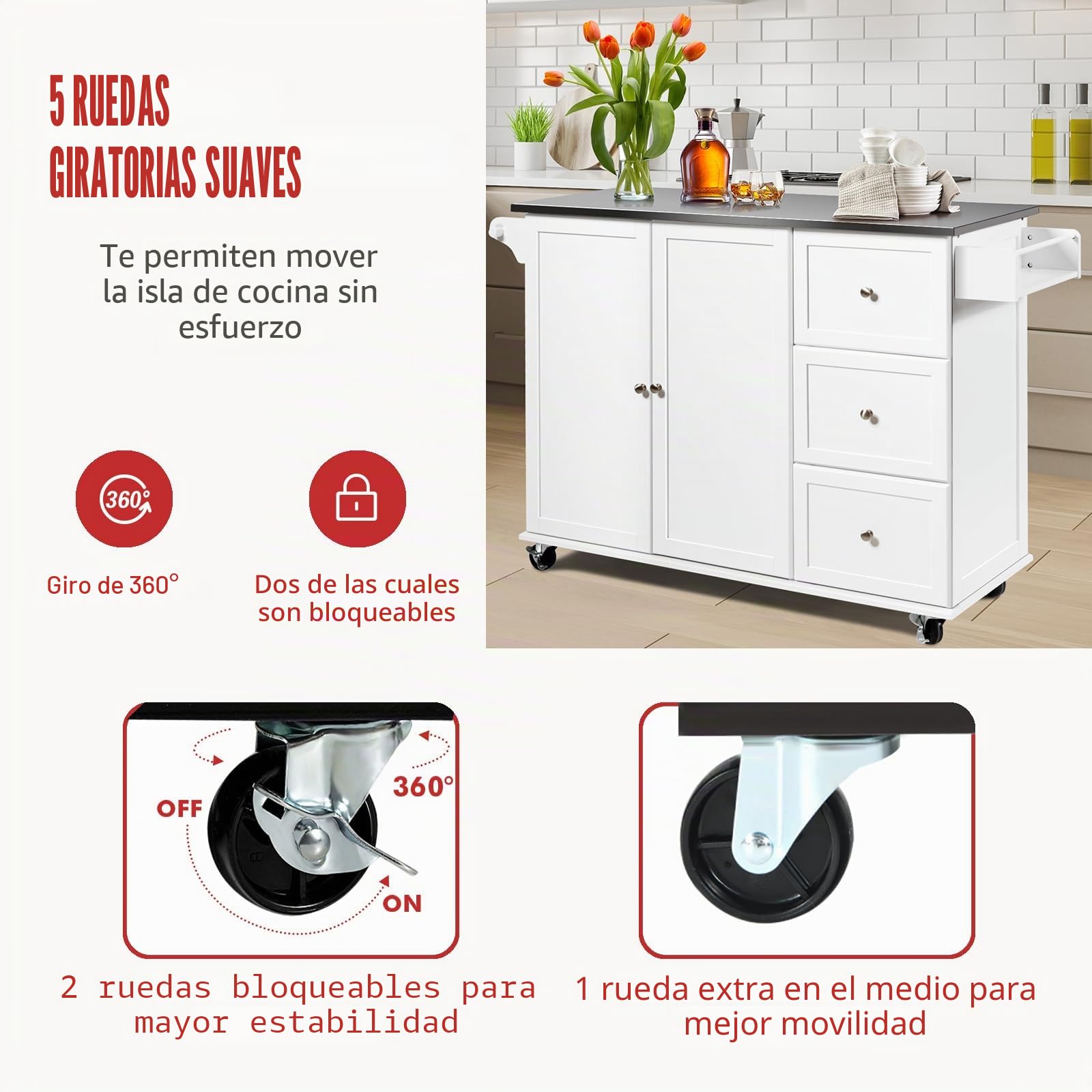 KOMFOTTEU Isla de Cocina con Encimera de Acero Inoxidable, Carrito de Servicio con 3 Cajones, Toallero y Estantes Ajustables, Armario de Cocina con 5 Ruedas, 135 x 45,5 x 91,5 cm (Blanco)