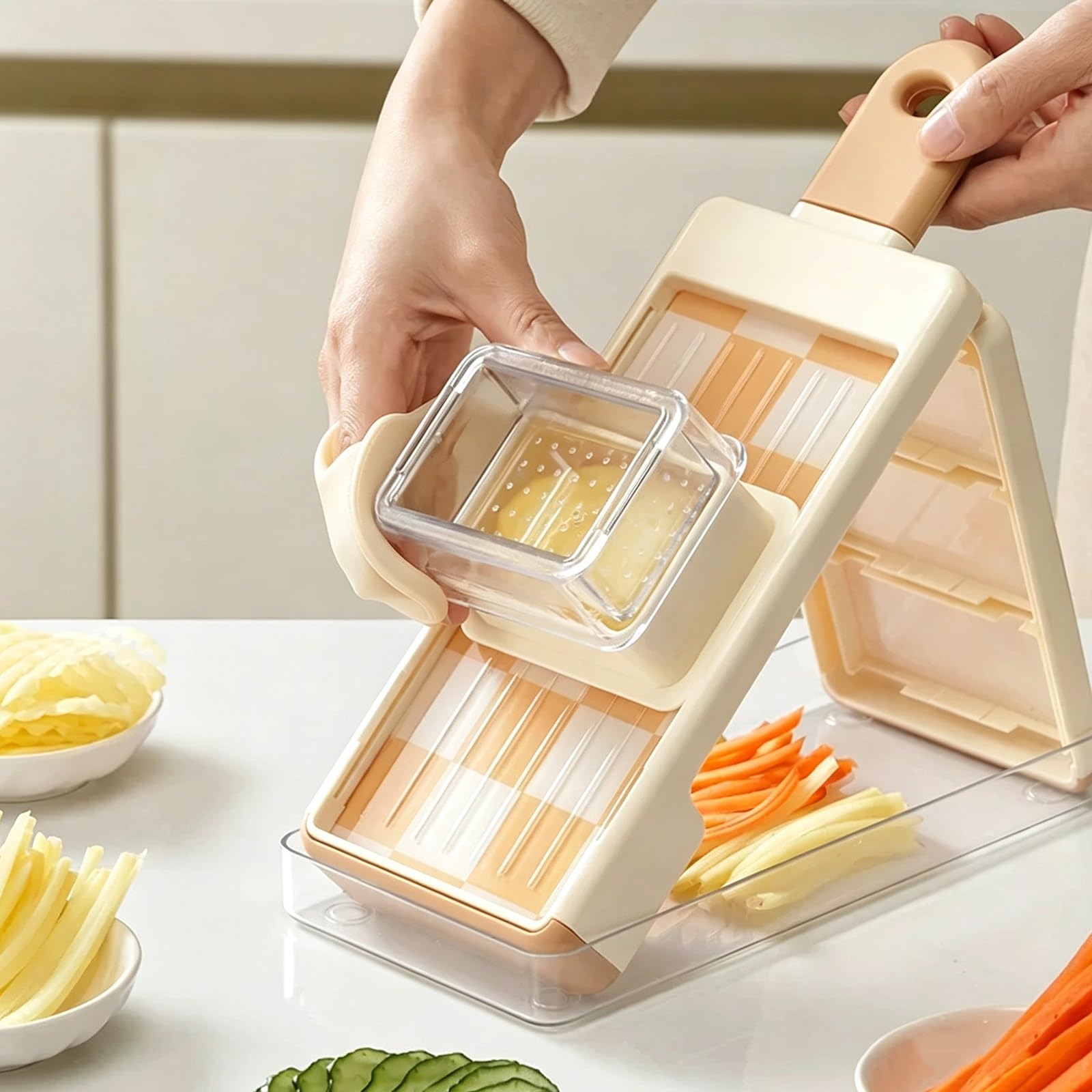 Mandolina de Cocina Profesional Cortador de Verdura, Mandolina Verduras, con Soporte para Alimentos, Cuchillas Ajustables Acero Inoxidable, Cortar Frutas y Verduras Rápidamente