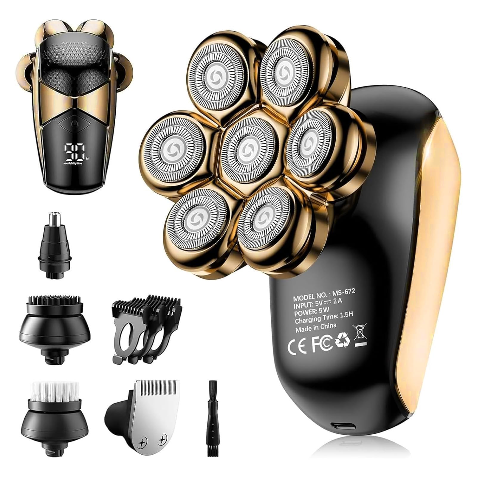 SHPAVVER Head Shavers for Bald Men: 5-in-1 Upgraded Electric Razor - IPX7 Waterproof Shaving Grooming Kit for Balder - Turbo Speed & Precision Blades (Ink Gold)