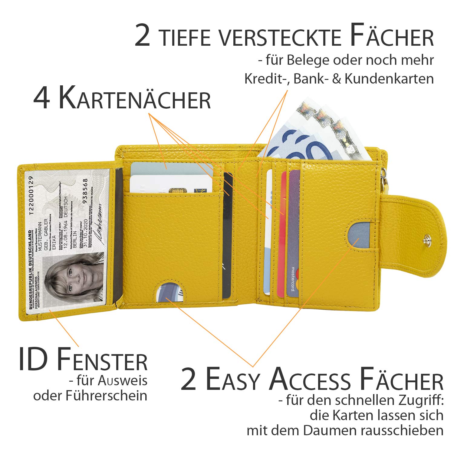 Rfid Geldbörse Damen mittelgroß, Leder, gelb, Reißverschluss, Portemonnaie, Geldbeutel, Portmonee, Damen-Geldbörsen Wallet For Women, Brieftasche, Wiener Schachtel, Geldtasche, Portmonaise