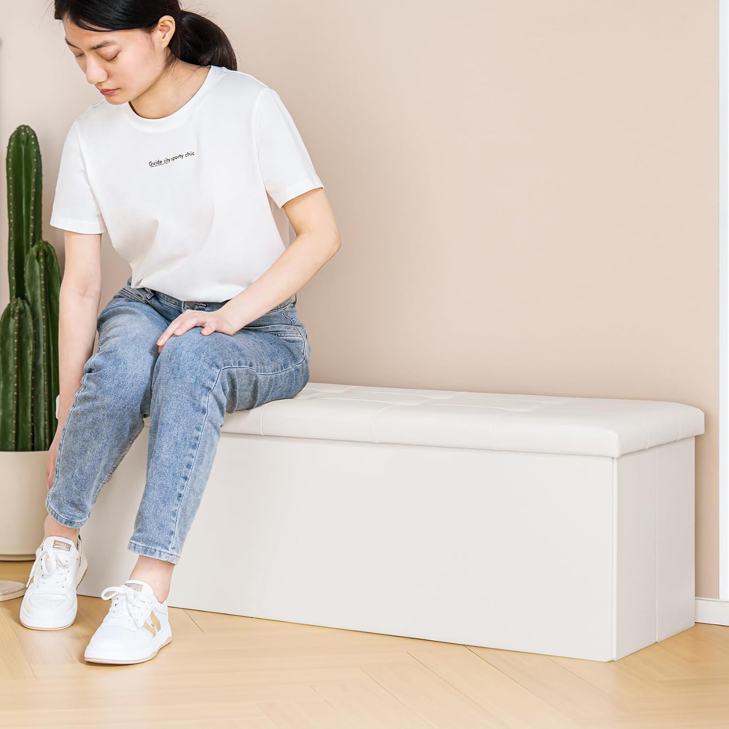 PINPLUS Folding Storage Ottoman Bench with Tray, 43.3inches Faux Leather Long Storage Chest Footrest Seat, Coffee Table, Foot of Bed Storage Bench for Living Room Bedroom, Beige