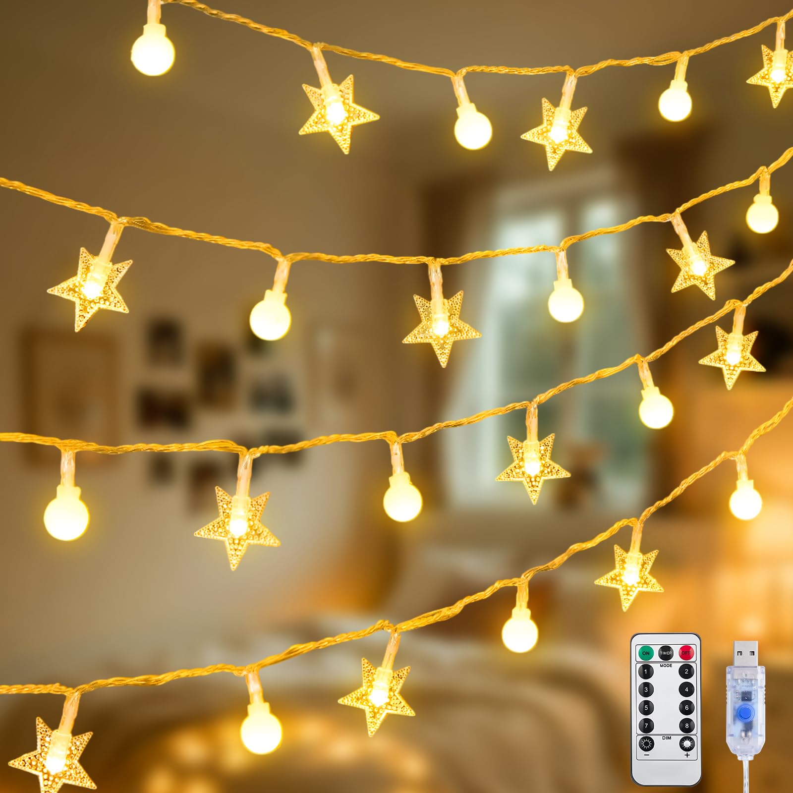 Photo 1 of JMEXSUSS 100 LED Globe Star String Lights, 33 FT Globe String Lights Indoor USB Plug in, Warm White Star Fairy Lights for Bedroom Classroom Dorm Indoor Decor