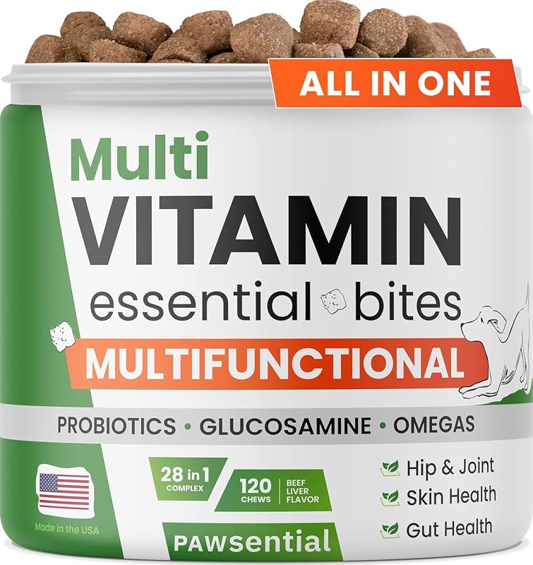 Multivitamínico para Cães Pawsential 4 em 1 com Ômega, Glucosamina, Probióticos e Vitaminas Sabor BBQ Beef – 120 unidades