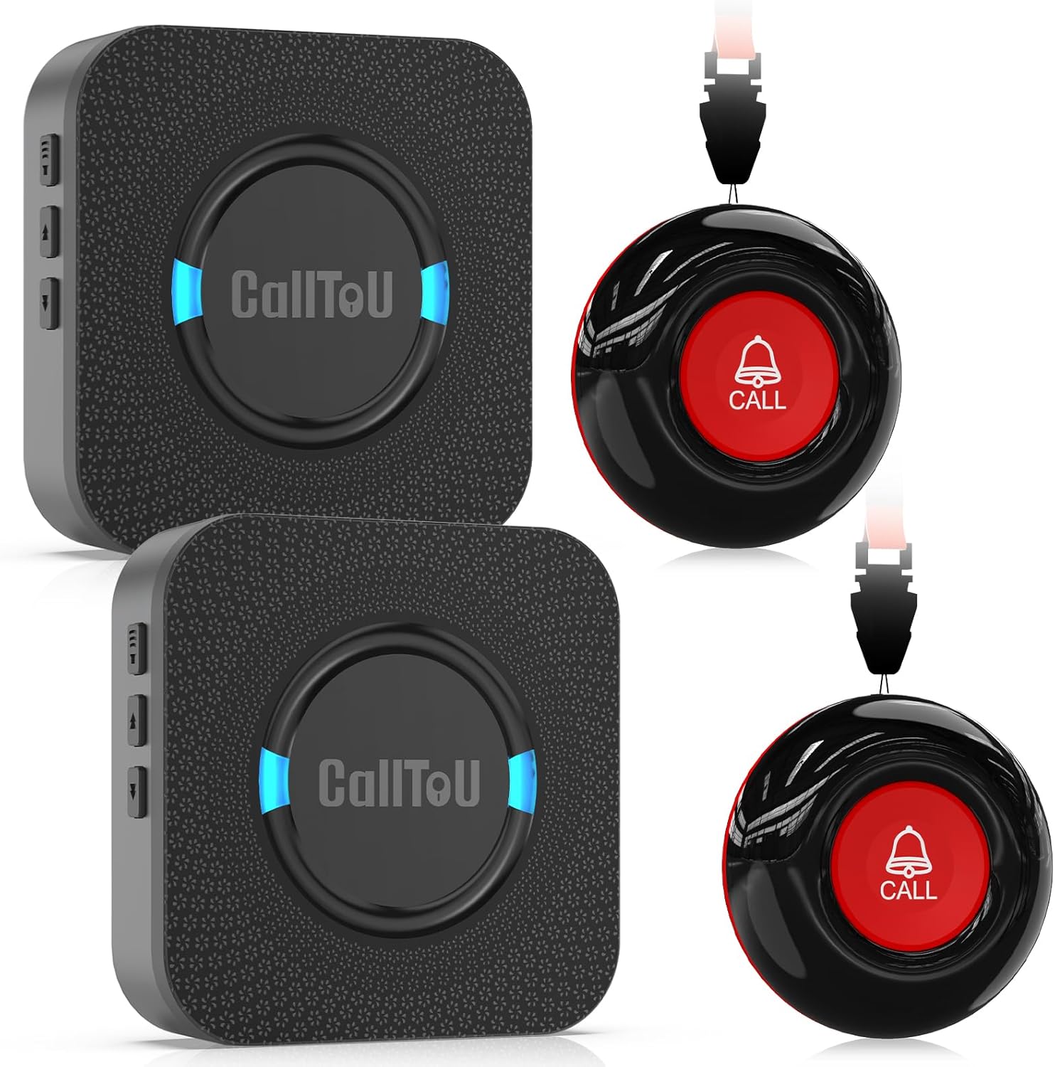 CallToU Caregiver Pager Wireless Call Bell Alert Button for Seniors/Elderly/Patients 2 Plugin Receiver 2 Waterproof Transmitter