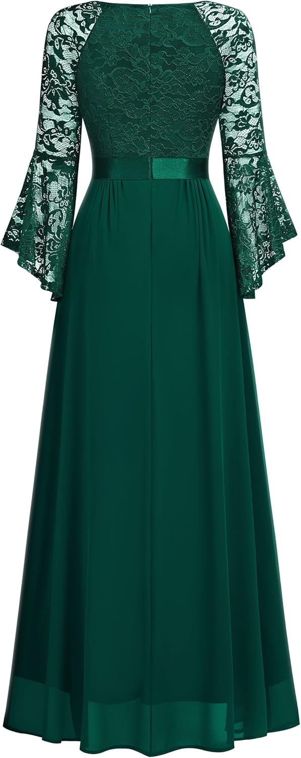 MISSMAY Women's Formal Lace Chiffon Bell Sleeve Wedding Party Long Dress - Image 4