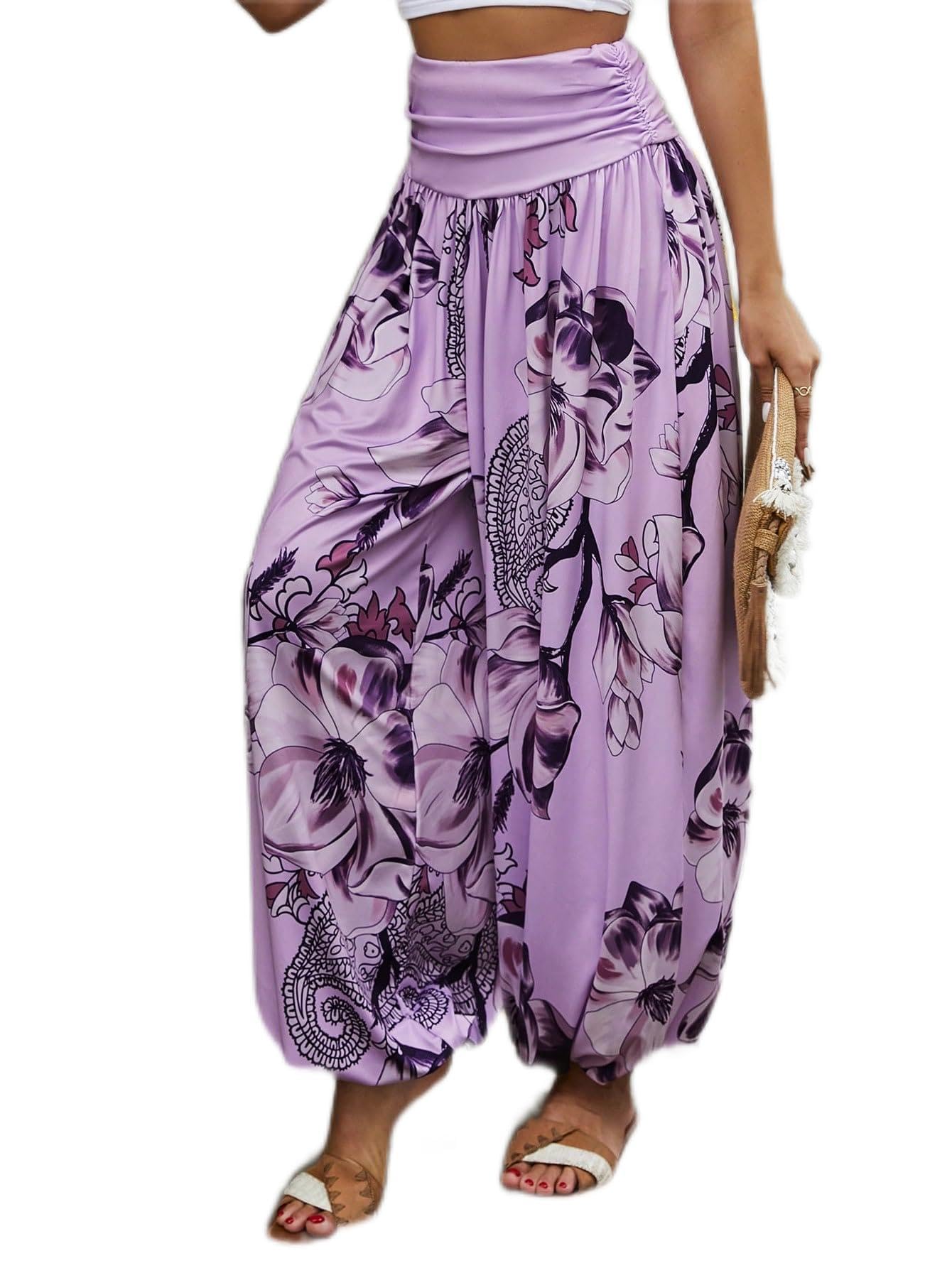 CRYBA Womens Pants Floral Print Ruched Wide Waistband Waist Pants Pant for Women
