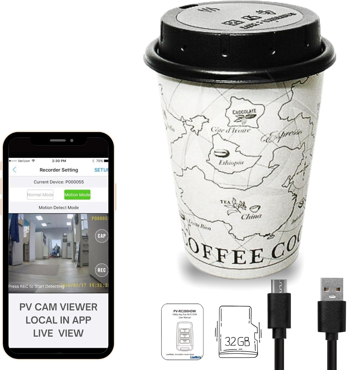 Lawmate PVCC10W 1080P Covert Coffee Cup Lid Camera DVR with WiFi with