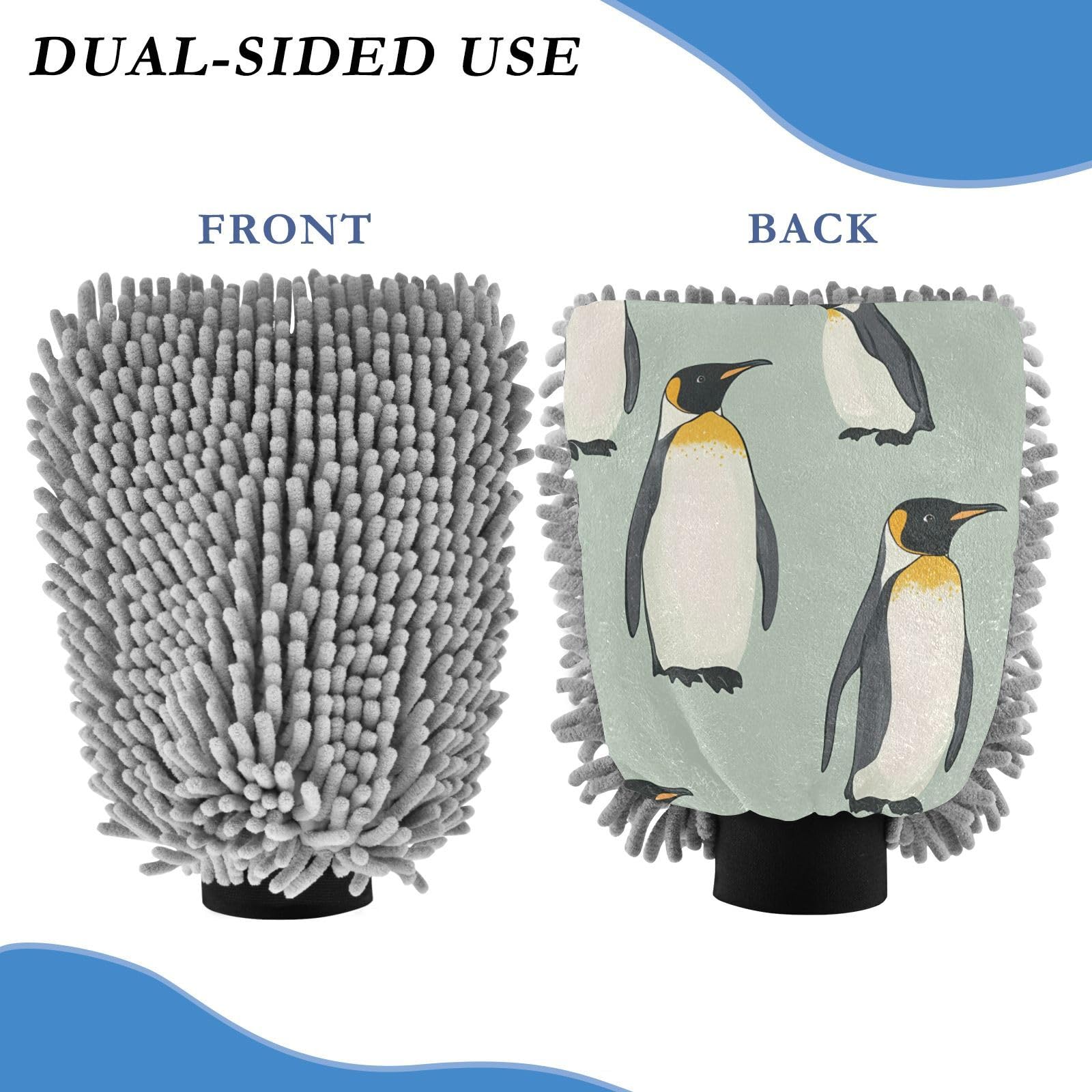 STAYTOP Cartoon Penguin Car Wash Mitt Microfiber, 2Pcs Scratch Free Lint-Free, Premium Chenille Microfiber Mitt Car Wash Brush-M