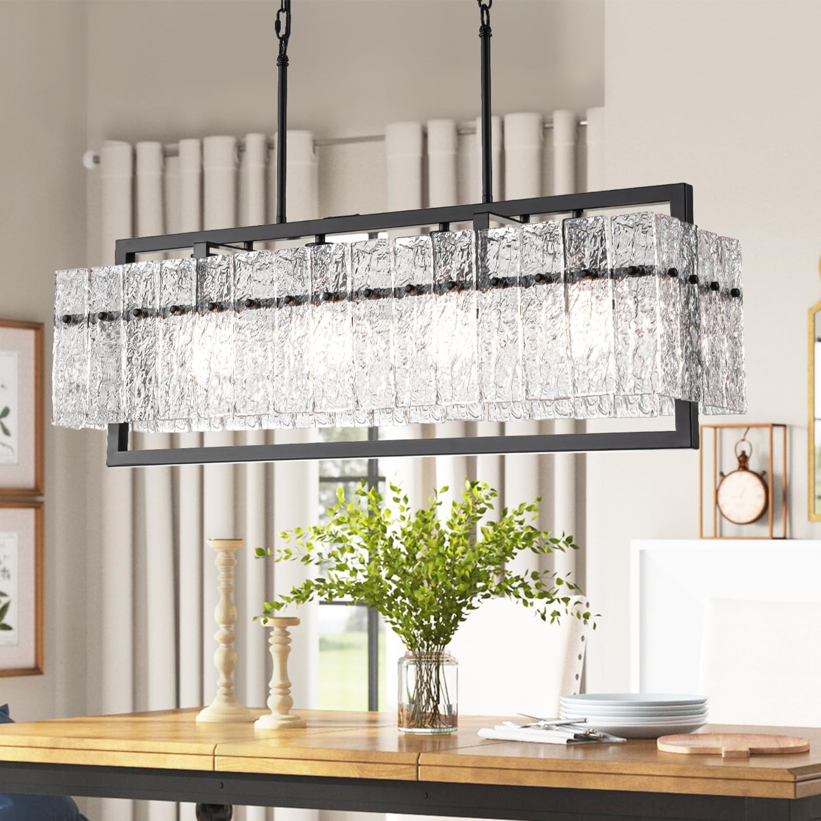 Modern Large Rectangle Chandeliers for Dining Room, 4 Lights Black Crystal Kitchen Island Lighting with Water Ripple Glass, Linear Farmhouse Pendant Light Fixture Over Table UL Listed