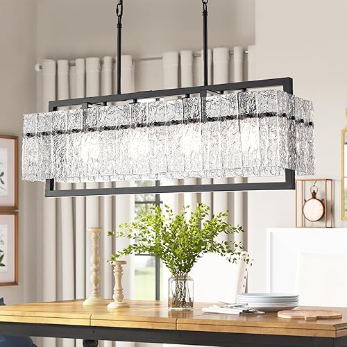 Miniatura 12 de Modernas luces colgantes negras para isla de cocina, iluminación de isla de cocina de cristal con vidrio de ondas de agua, lámparas colgantes de 7