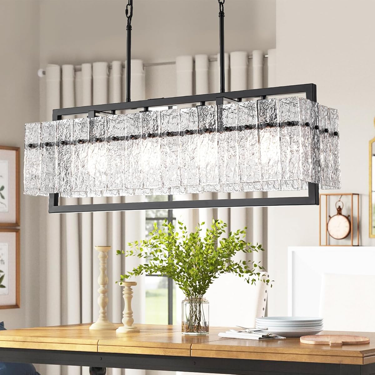 Jsdorsy Modern Large Rectangle Chandeliers For Dining Room, 4 Lights Black