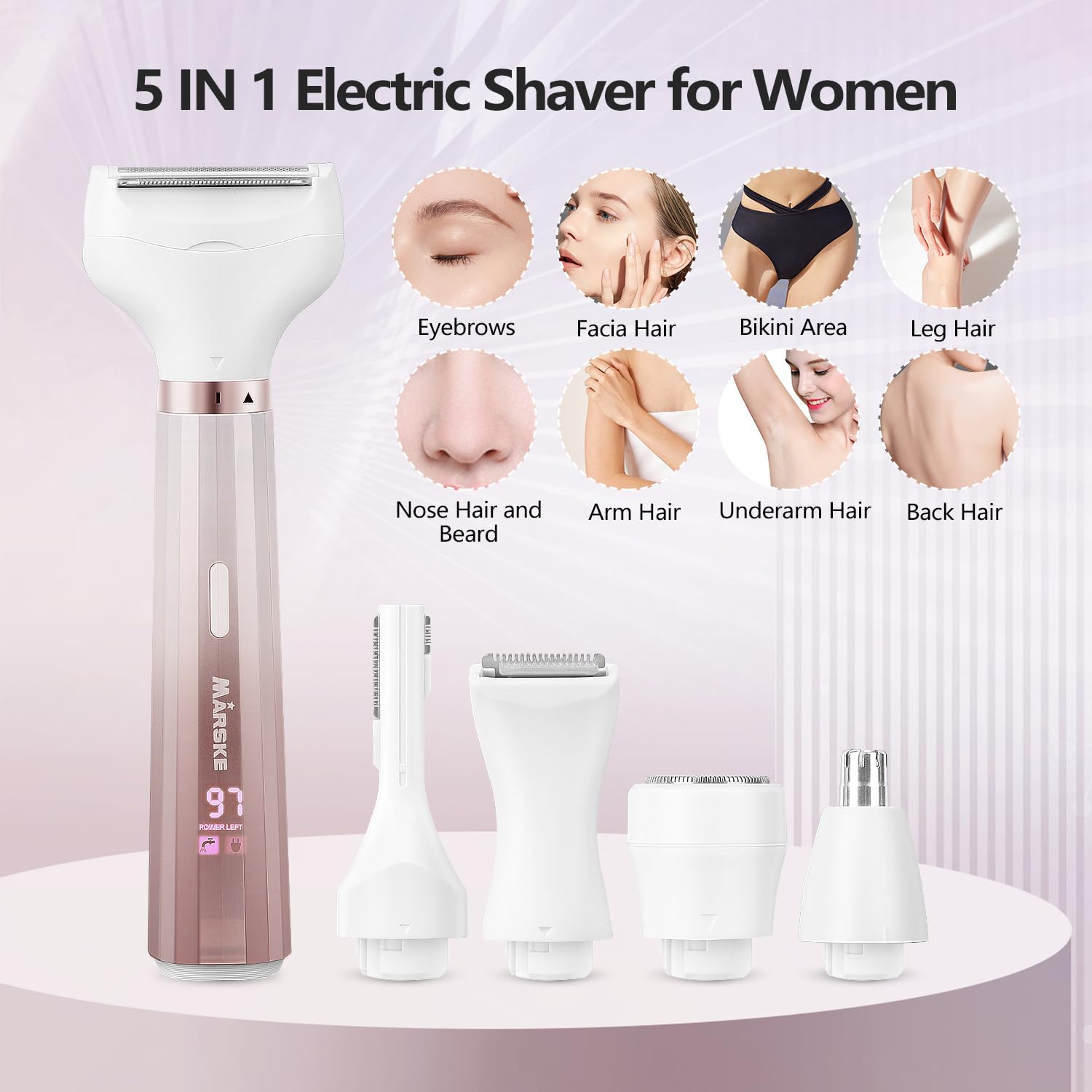 Maquinilla de afeitar eléctrica 5 en 1 para mujer, removedor de vello facial sin dolor, recortadora de bikini recargable para mujer, maquinilla de afeitar facial húmeda/seca para cara, nariz, cejas,
