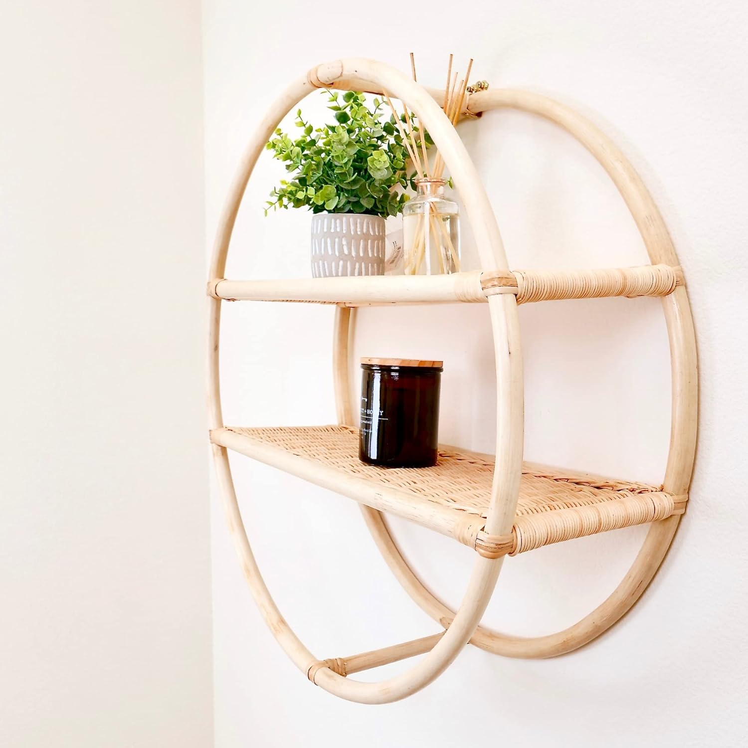 31Mod Rattan Shelf 2 Tier Wall Hanging Shelf—24" Diameter, Rattan Wall Hanging Shelf