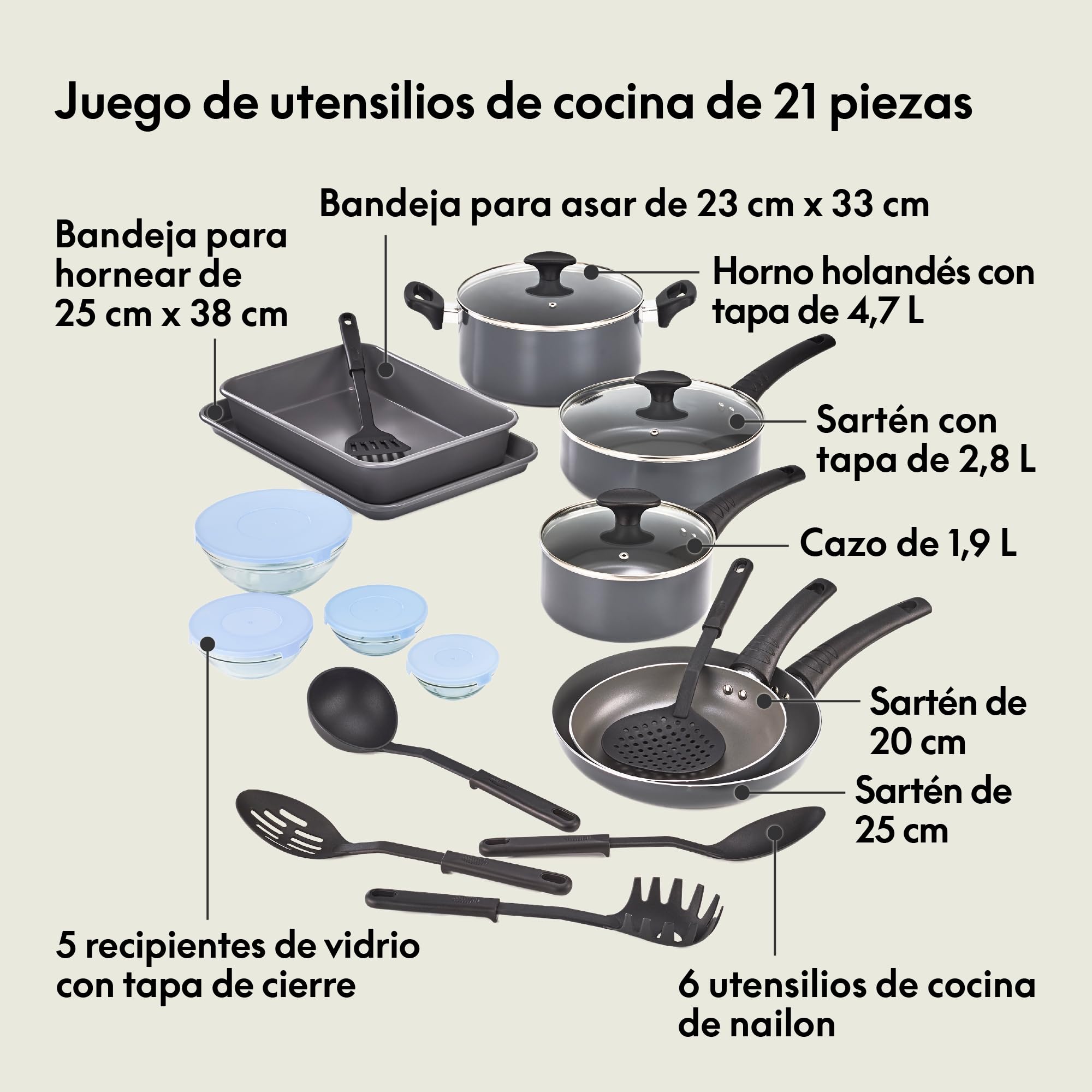 bella batería de cocina antiadherente con tapas de cristal, Bandejas para horno de aluminio, ollas, sartenes, cuencos de almacenamiento y utensilios, compatible con todas las estufas, 21 piezas, negro