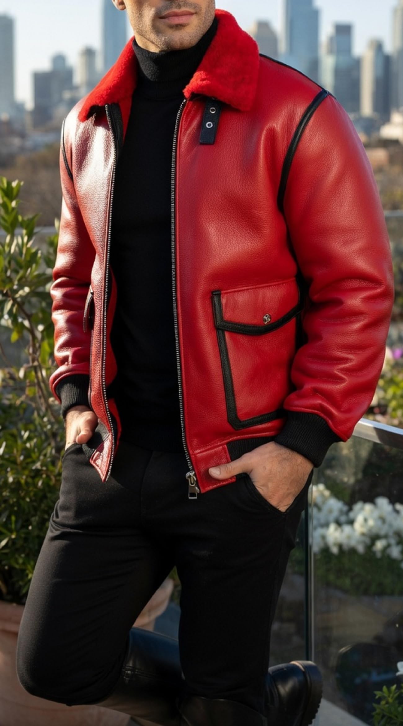 Chaqueta bomber de aviador de cuero rojo para hombre, cuello de piel sintética de oveja estilo B3