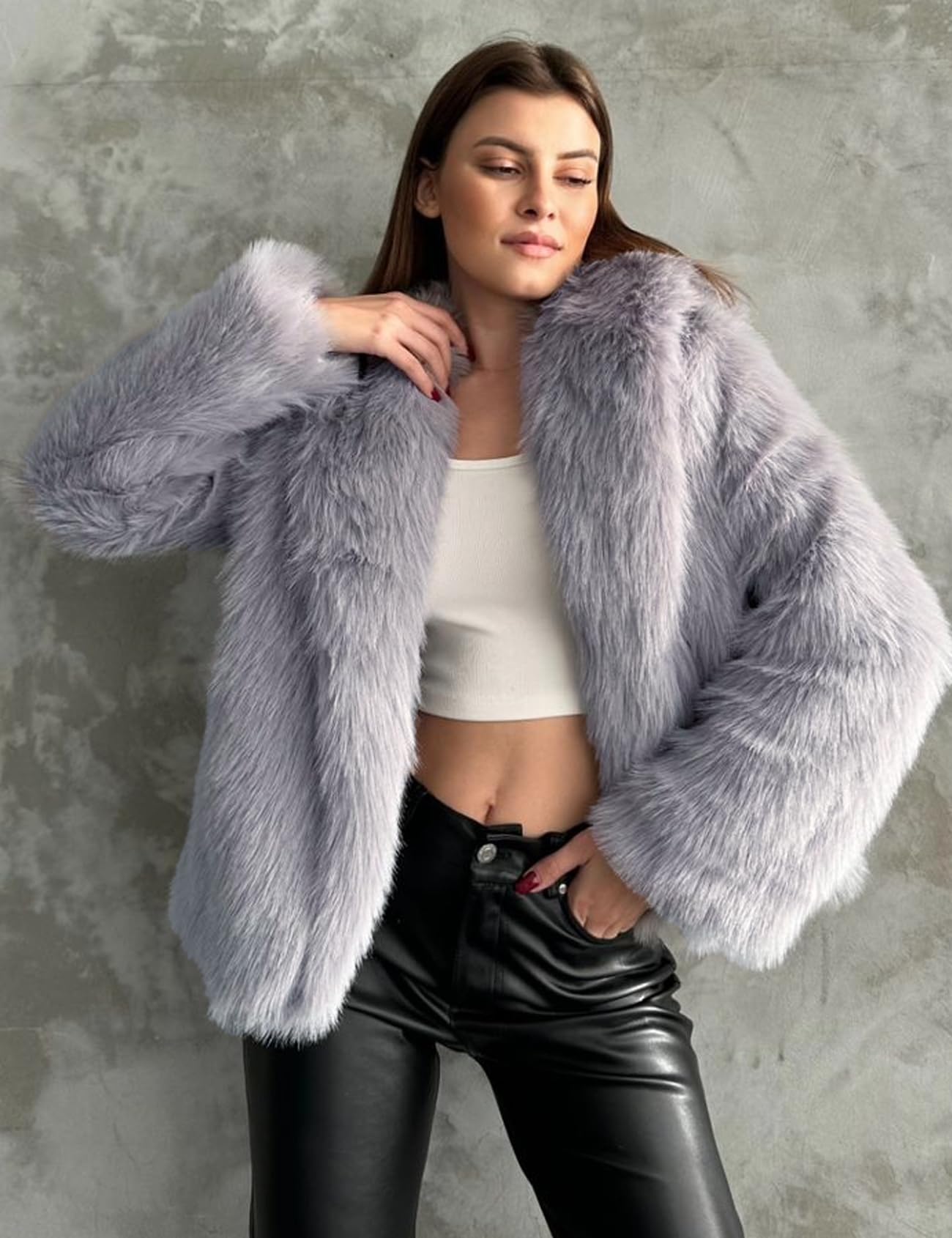 Abrigo de Piel sintética para Mujer Chaqueta de Piel sintética esponjosa Chaquetas de Invierno peludas de Solapa de Manga Larga Abrigo Corto de Parka Peluda