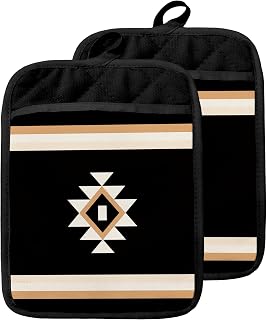 Boho Western Pot Holders with Pockets, Vintage Boho Southwestern Aztec Black Oven Pot Holders Heat Resistant Oven Mitts Hot Pads for Kitchen Baking Cooking