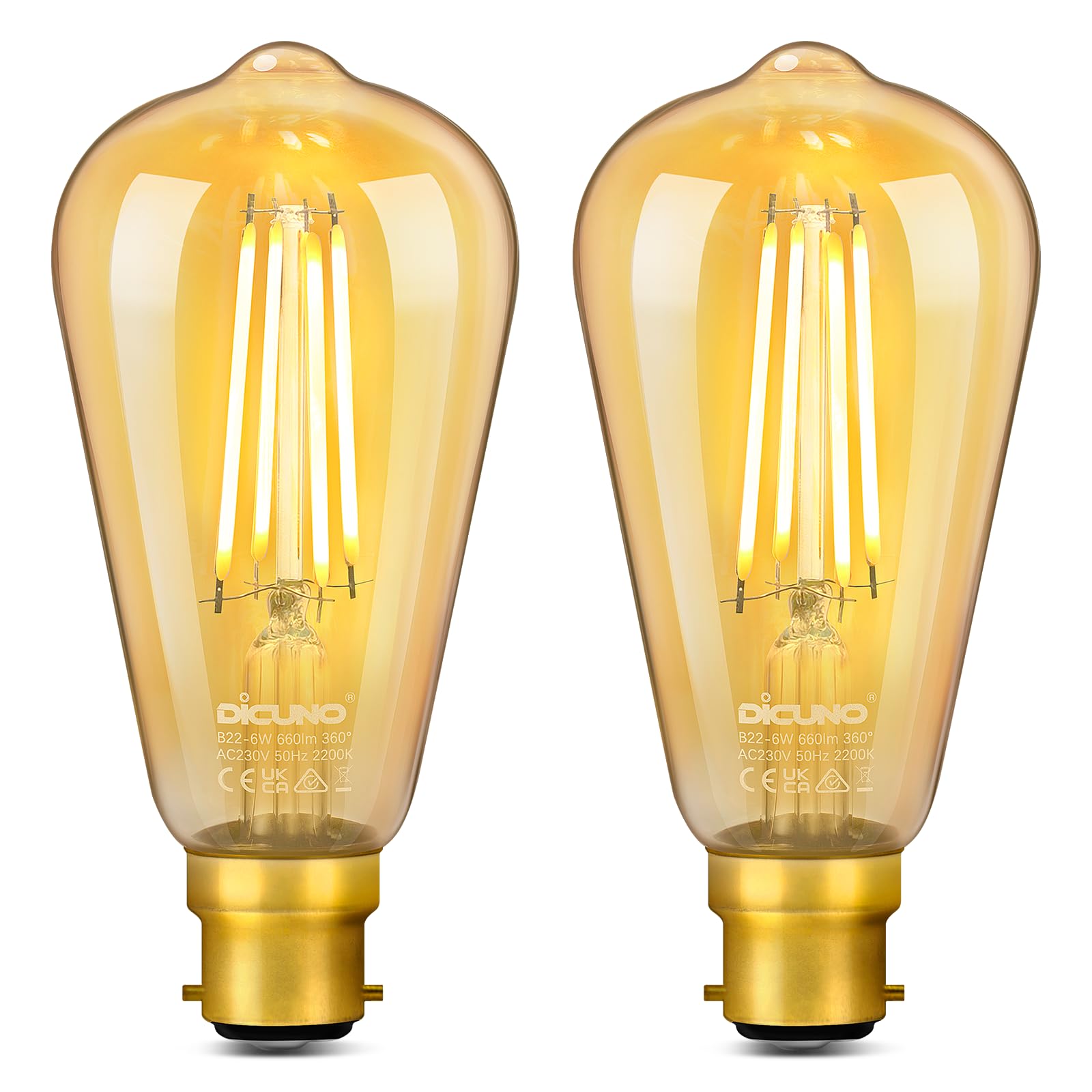 DiCUNO ST64 Vintage Light Bulb B22 6W, 60 Watt Equivalent, Antique/Retro Amber Glass Lamp, 2200K Warm White, Not-dimmable, Bayonet LED Filament Lamp Squirrel Cage, 660LM, 2 Pcs