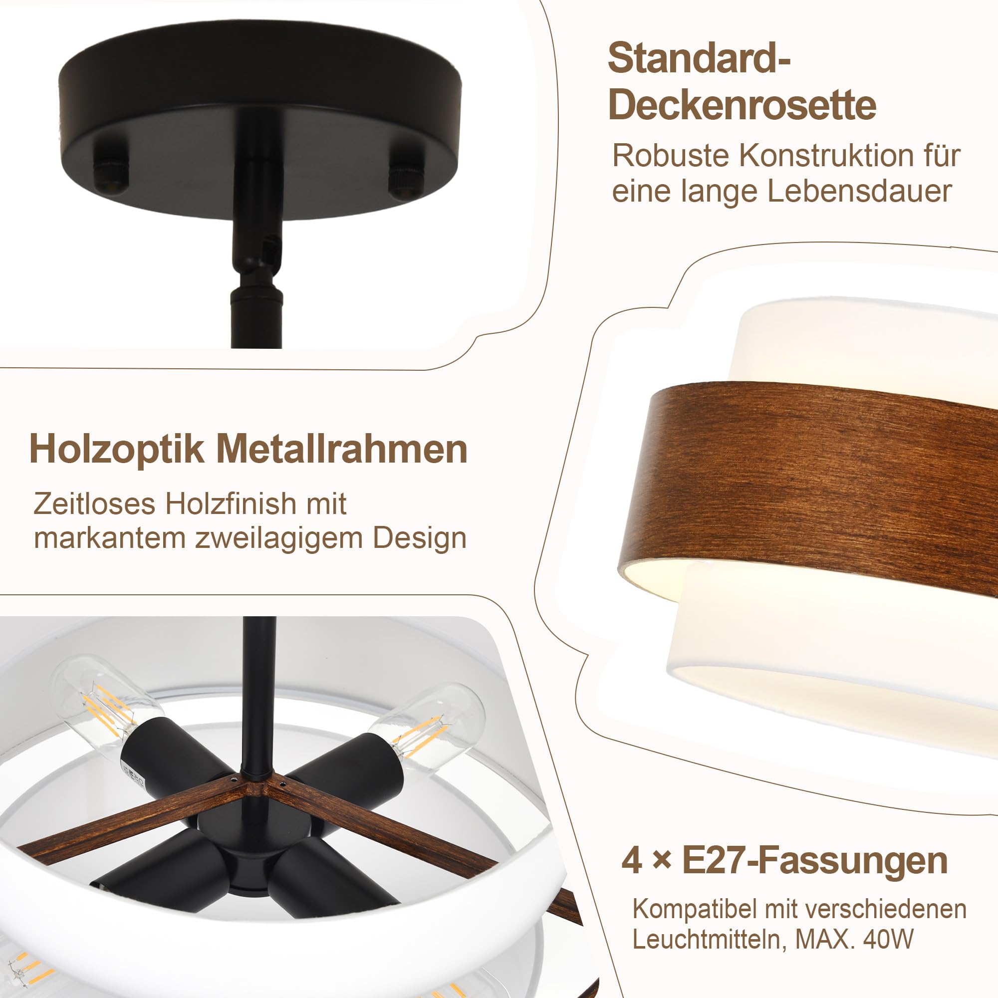 Deckenlampe Holzoptik Stoffschirm 4 Flammig, Deckenleuchte Küche, E27