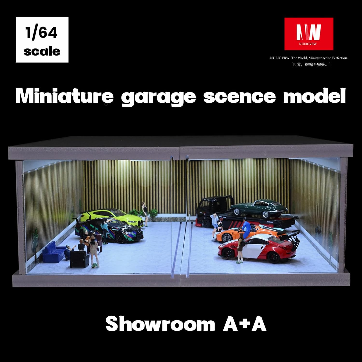 Diorama Display Case Compatible for Hot Wheels Matchbox Mini GT Diecast Cars,Stackable 1/64 1/43 1/18 Car Garage Showroom Parking Lot Scene Display Model with Three-Color Dimmable Light (A, 1/64)