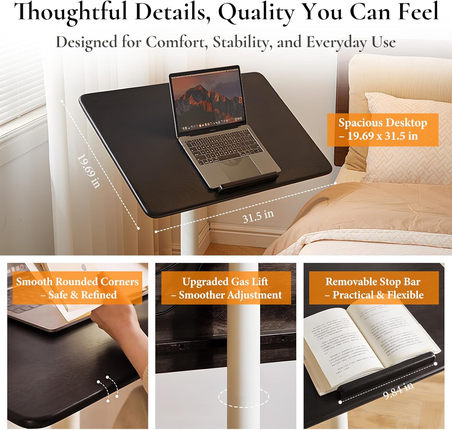 Adjustable Computer Desk, Solid Wood Folding Desk with Wheels, Mobile Home Office Laptop Table, Sit Stand Workstation, Rolling Desk, 28.35-42.52 H x 31.5 W x 19.69 D Inches, Black