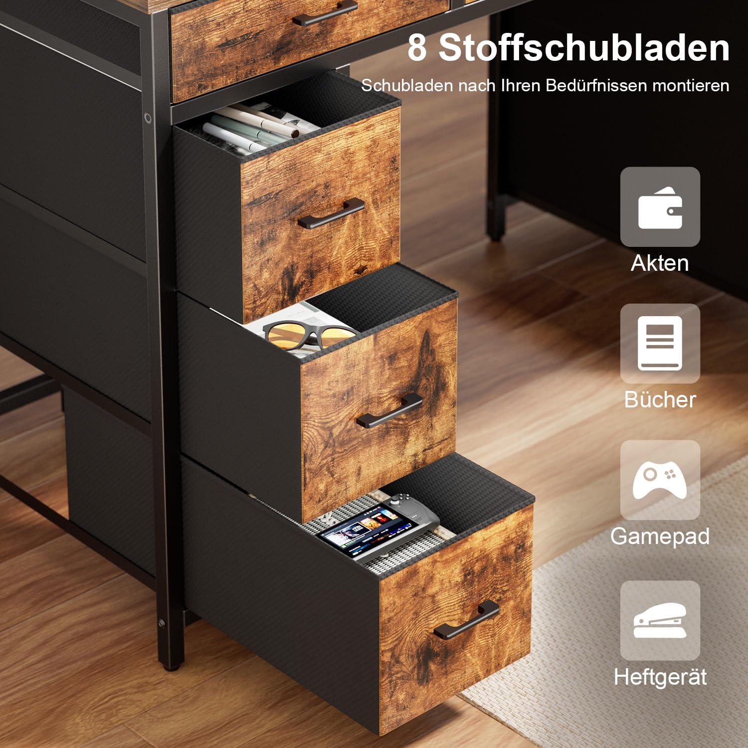 HLONONE Computertisch mit 8 Stoffschubladen, Bürotisch mit 2 Steckdosen und 2 USB Ladeanschluss, Schreibtisch mit Monitorständer für Gaming und Büro, 120 x 50 x 74 cm, Braun