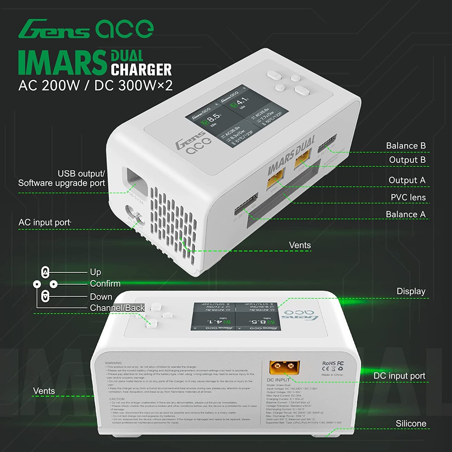 Gensace D200 Lipo ładowarka Imars Dual Channel AC200W/DC300Wx2 ładowarka Lipo, ze złączem Deans T XT60 EC3 EC5 (Biały)