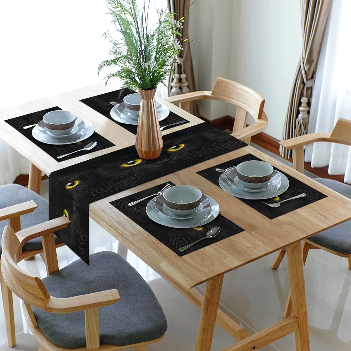 WADORN Lot De 6 Sets De Table En Lin : Motif Chat Noir Et Fleurs, Antidérapants (30x45 Cm)