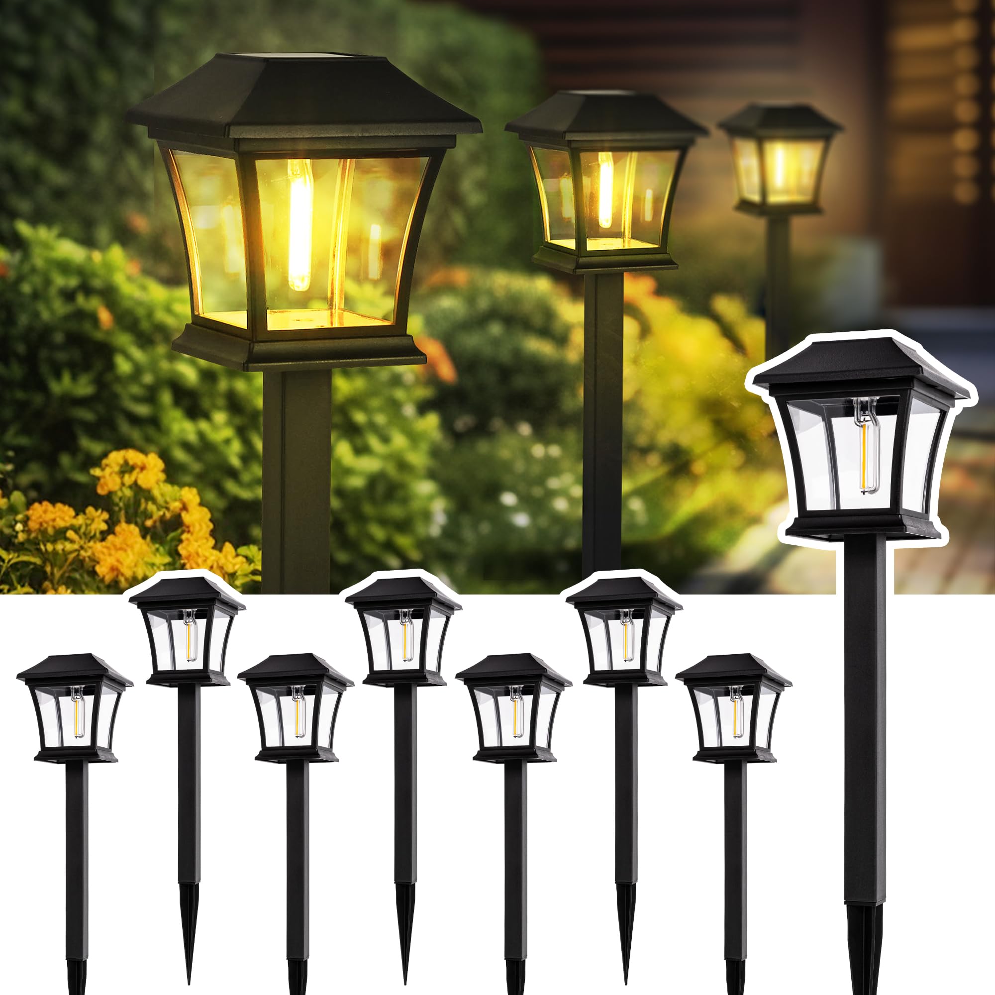 GIGALUMI Lampy solarne do oświetlenia ścieżek, wodoodporne lampy zewnętrzne do ogrodu, na podwórko, patio, trawnik, ganek, chodnik, 8 szt. (ciepła biel)