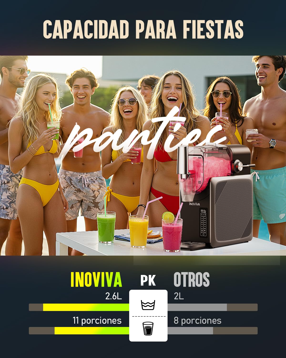 INOVIVA Macchina de Granizados 2,6 L, Slush Machine senza Ghiaccio, Granizadora de Granite a Casa con Autopulizia, 5 Modalità Preimpostate, Granite, Frappè, Frappè e cocktail ghiacciati