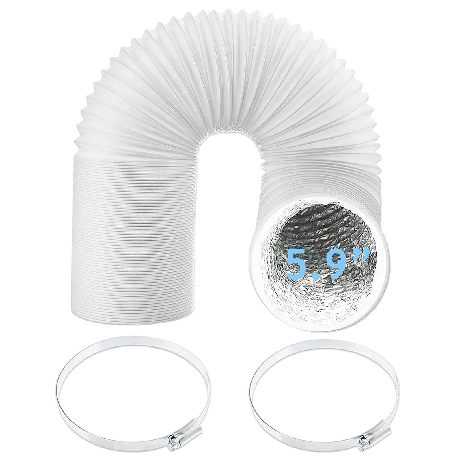 SPARES2GO Air Con Vent Hose PVC Aluminium Foil Insulated for Delonghi Air Conditioner Duct AC Outlet Pipe (5.9" x 6m) + Clamp Clips