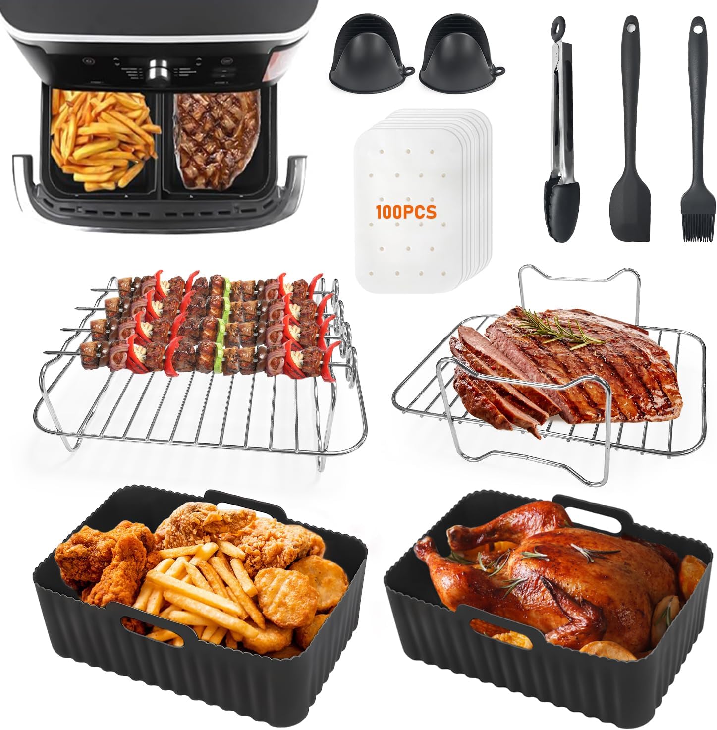 19-delige set luchtfriteuse-accessoires, Dual Zone heteluchtfriteuse accessoires voor Ninja Foodi AF300EU AF400EU DZ201 DZ401, multicooker, compatibel met Innsky Princess Emerio dubbele airfryer 7,6