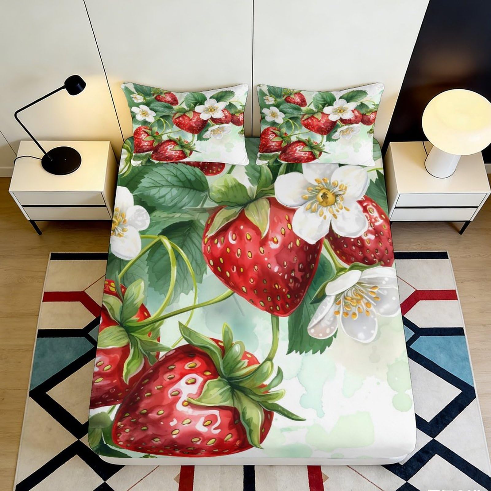 3D Printed Strawberry Flower Fitted Sheet Microfiber Soft Breathable Fruit Bed Sheet for Bedroom Guest Room Mattress Decor 90x200x25cm