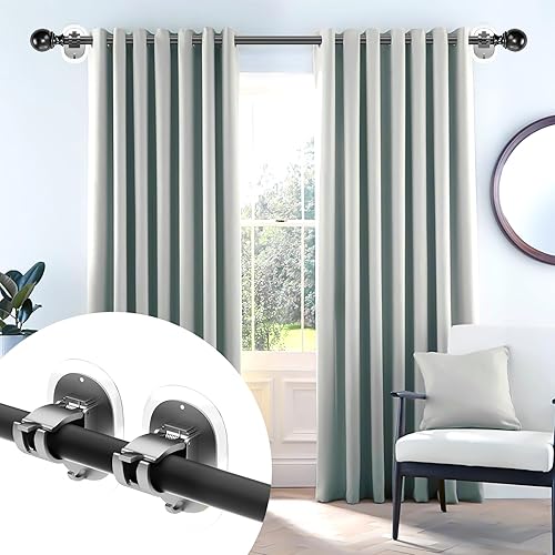 Miniatura 2 de Paquete de 2 soportes para barra de cortina sin taladro, autoadhesivos, sin perforación, ganchos para barra de cortina, ganchos ajustables para