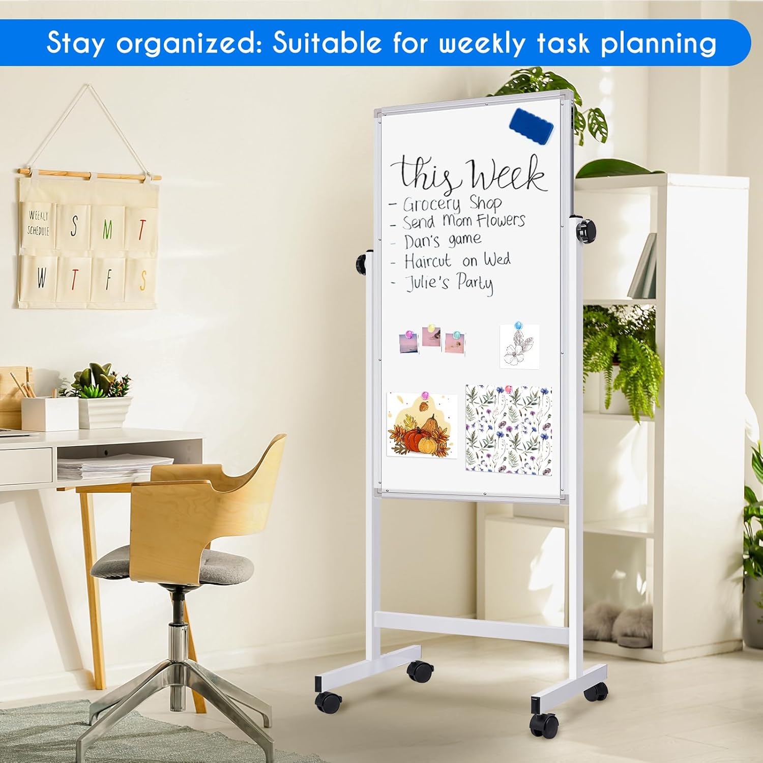maxtek Rolling White Board, 48 x 24 Height Adjustable Whiteboard on Wheels, Large Magnetic Standing Mobile Easel Board, Double-Sided with Stand for Office, Home, and Classroom