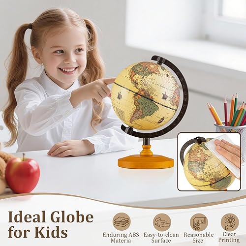 Miniatura 5 de Goplus Globos del mundo antiguo, mini globo giratorio vintage de 5.5 pulgadas con tallo de aleación curvado, base de madera maciza, mapa impreso,