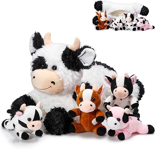 Shappy Juego de 5 animales de peluche de vaca, 1 animal de peluche de vaca mamá con 4 vacas de peluche en su barriga, juego de peluche suave para
