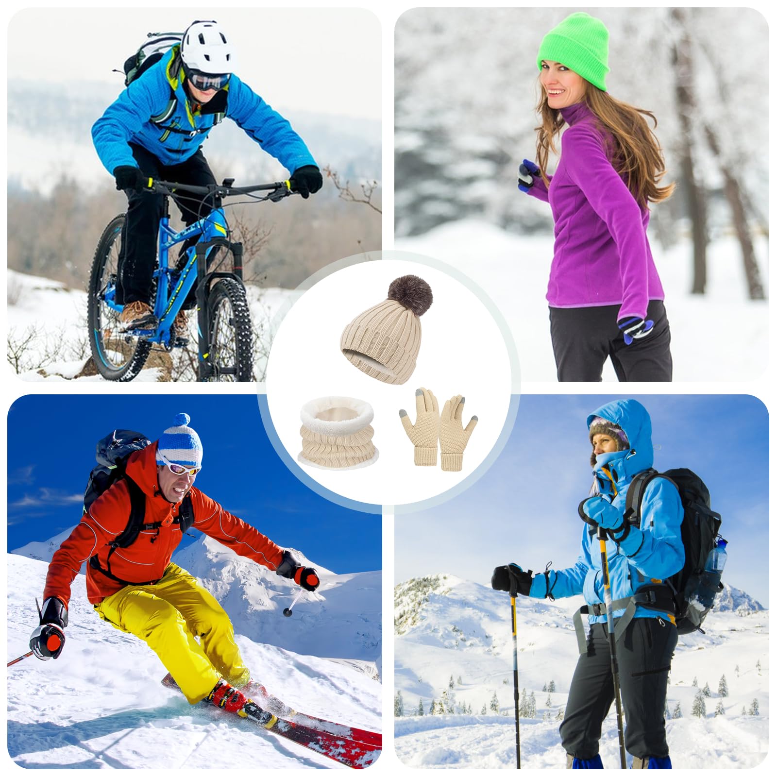 Embhlitfe Zestaw damskich czapek zimowych rękawiczki termiczne szalik czapki beanie dla kobiet z podszewką z pomponem ciepłe 3 szt. zimowy zestaw na zimną pogodę dla kobiet codzienne narty sporty na