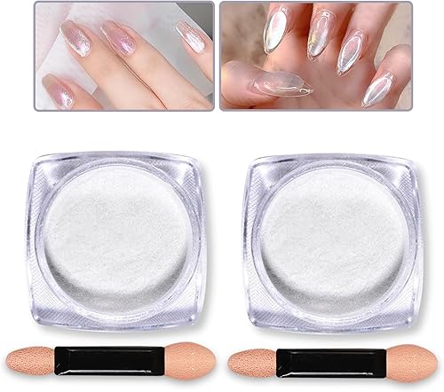 2 polvos de uñas de cromo perla blanca, efecto espejo, polvo de cromo nacarado aurora para uñas, polvo metálico de pigmento de uñas con purpurina