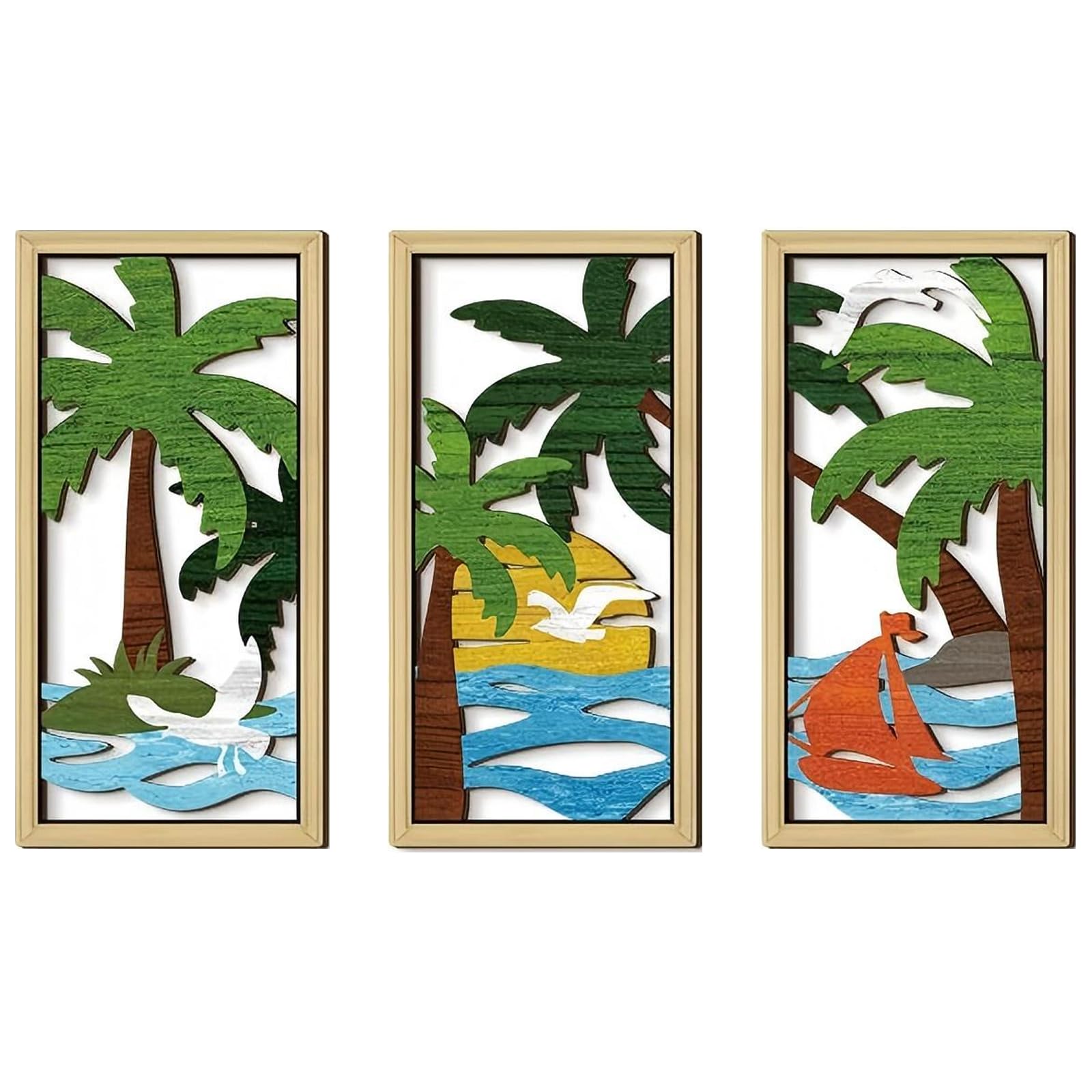 BRTNUP 3PCS Boho Wall Art Set, Wooden Wall Art Wooden Wall Decor for Living Room Bedroom Hallway Bohemian Botanical Hanging Bohemian Home Decor Modern Farmhouse Geometric Wall Hanging (Coconut Tree)