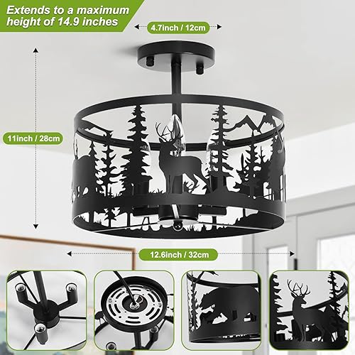 Miniatura 6 de Lámpara de techo rústica semiempotrada, base E12 de 3 luces, color negro, redonda, de metal, para cocina, pasillo, sala de estar, estilo industrial